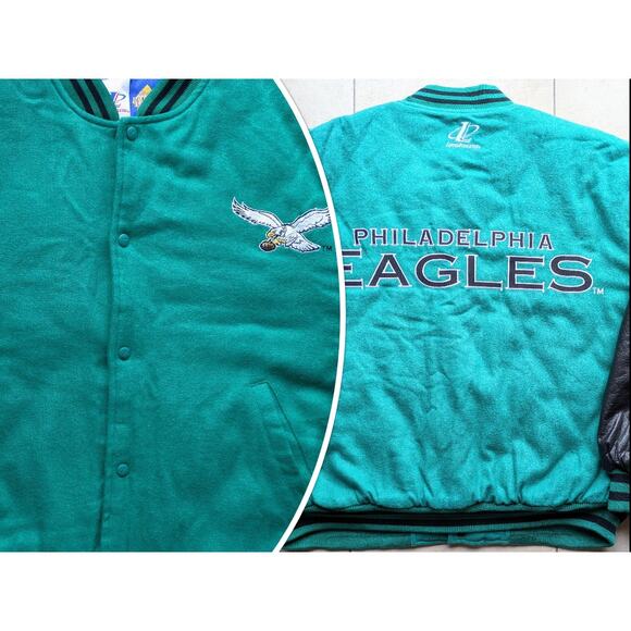 Philadelphia Eagles 90s LOGO ATHLETIC bomber LEATHER wool jacket L kelly NFL vtg